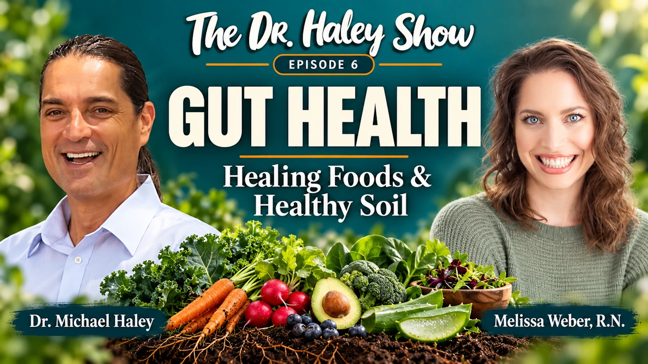 Dr. Michael Haley and Melissa Weber, R.N., with fresh vegetables and aloe vera for a discussion on gut health, healing foods, and healthy soil.
