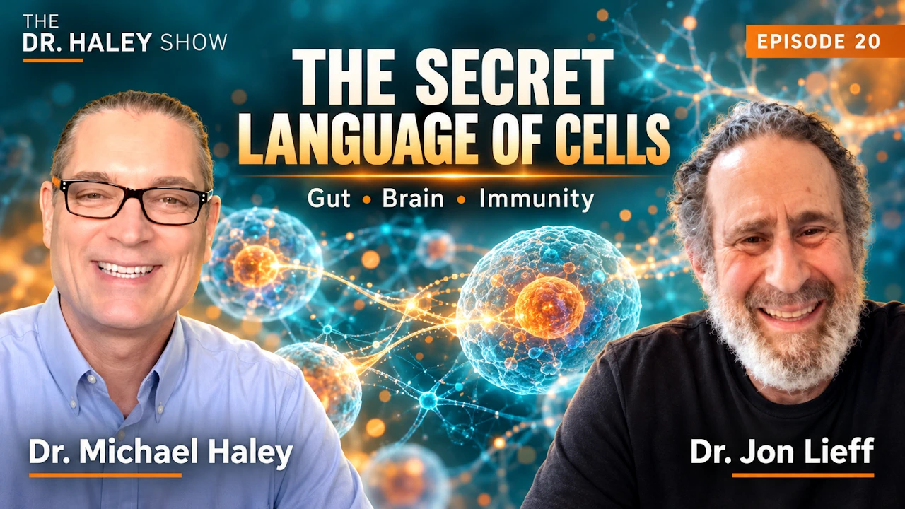 Dr. Michael Haley and Dr. Jon Lieff with illustrated communicating cells, highlighting gut health, brain function, and immunity.